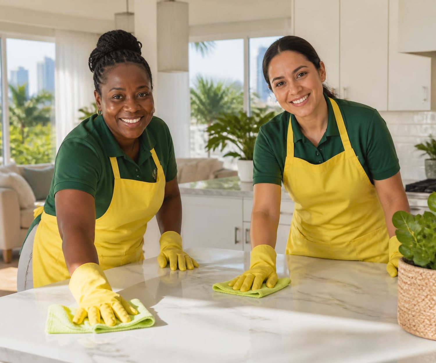 Two Lemon & Linen cleaners wiping down a bright kitchen island