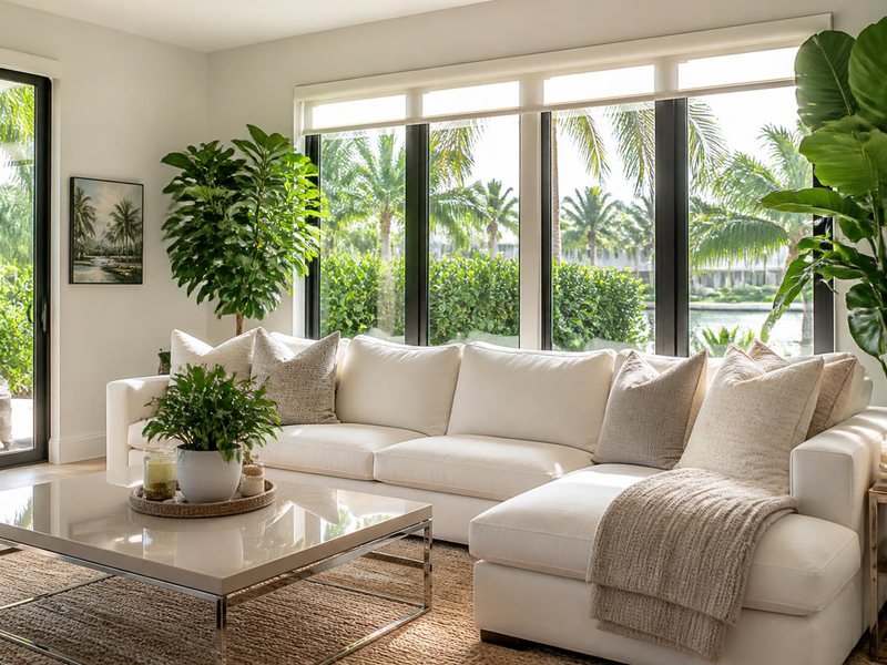 Freshly cleaned living room with squared sofa cushions