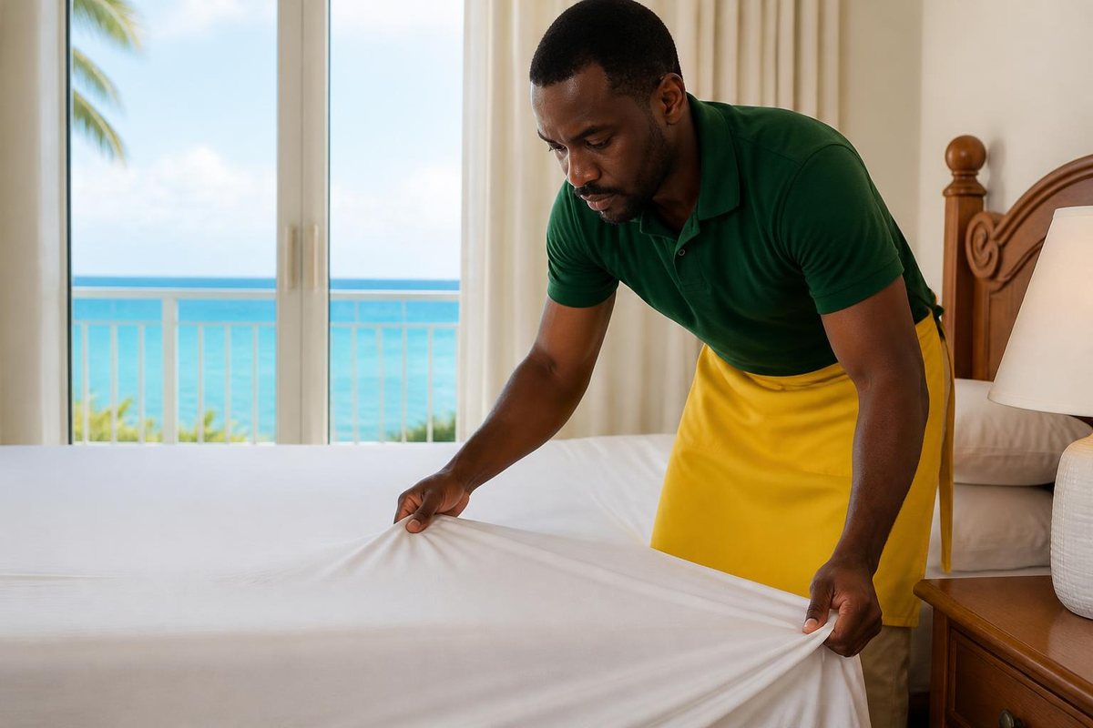 Cleaner making a bed with crisp white linens in a rental condo