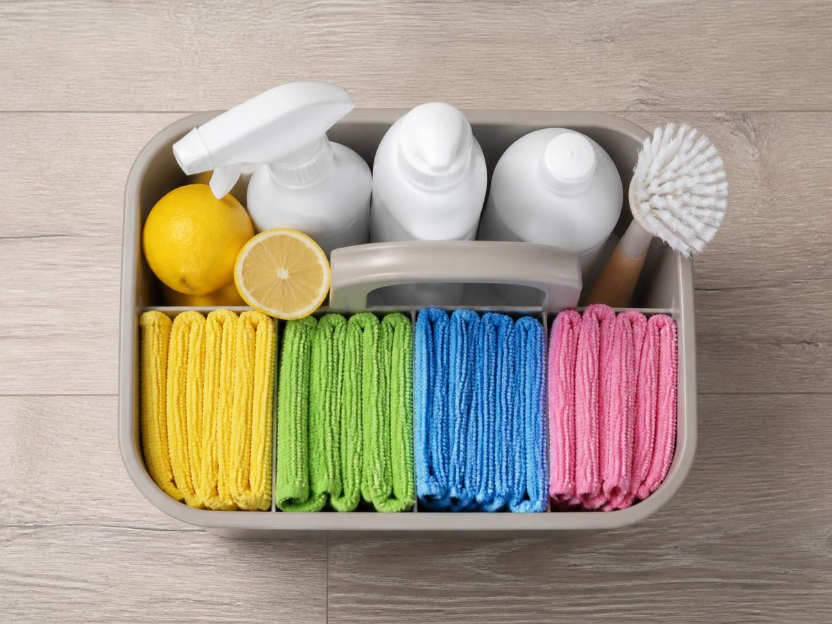 Cleaning caddy with color-coded microfiber cloths and plant-based products