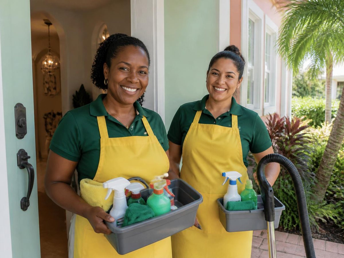 Two Lemon & Linen cleaners arriving at a front door with supplies